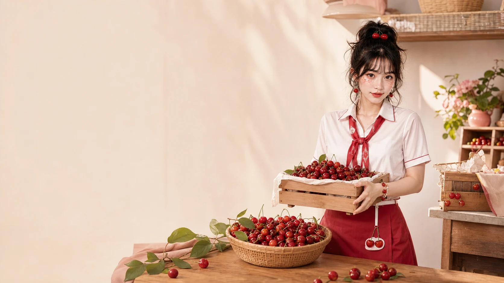 Cherry 在水果工作室捧著一箱新鮮櫻桃,準備為你挑選水果
